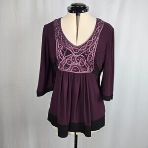 GNW Tunic Blouse Women's XL Plum Black Lace Accents Third Quarter Sleeve